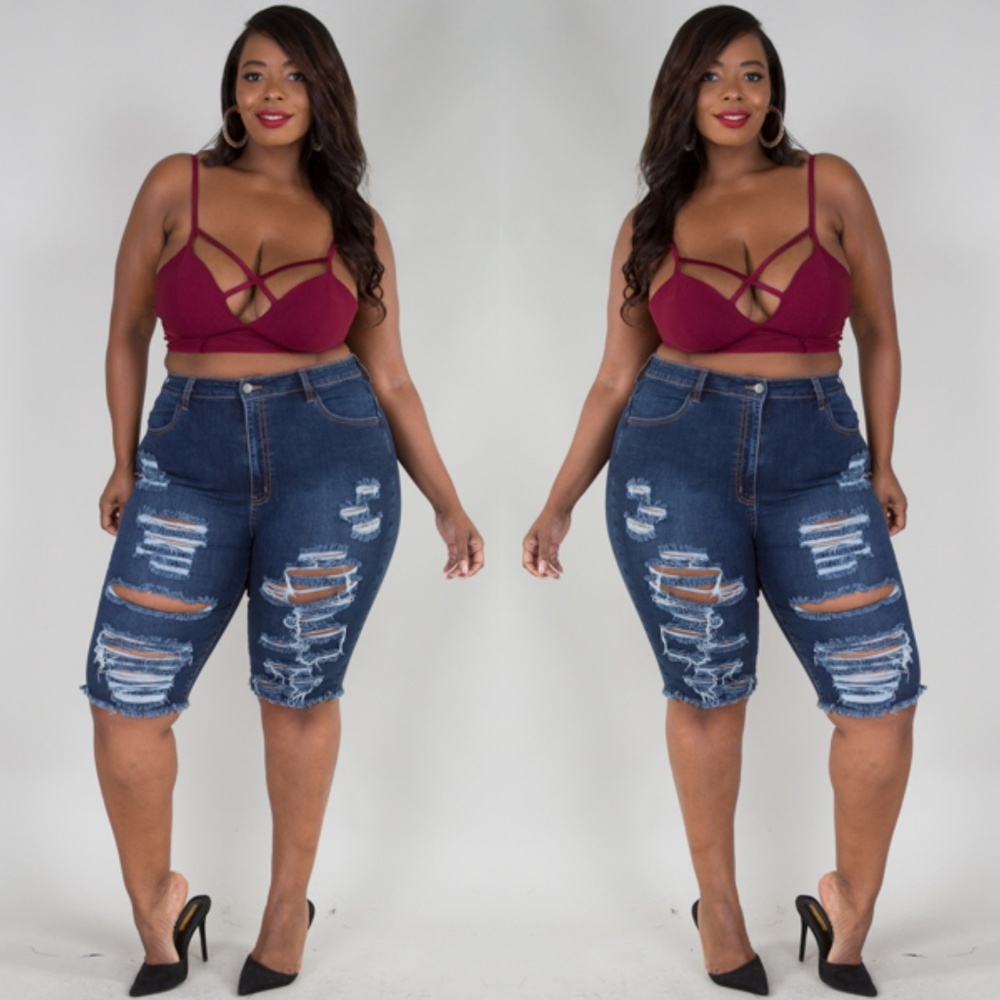 1x-3x dark blue destroyed denim Bermuda shorts - Picture 5 of 5